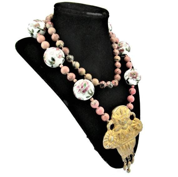 Chinese Export Rhodonite Necklace/Gilt Flower Bas… - image 4