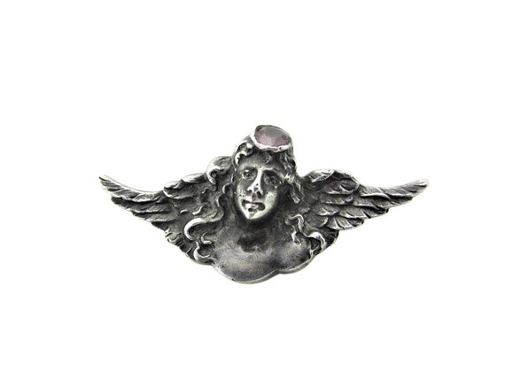 Art Nouveau Cherub Garnet Brooch/Cherubim Putti Angel with Wings /Victorian Cupid Sterling Silver 925 Pin/ Love and Devotion Theme Jewelry