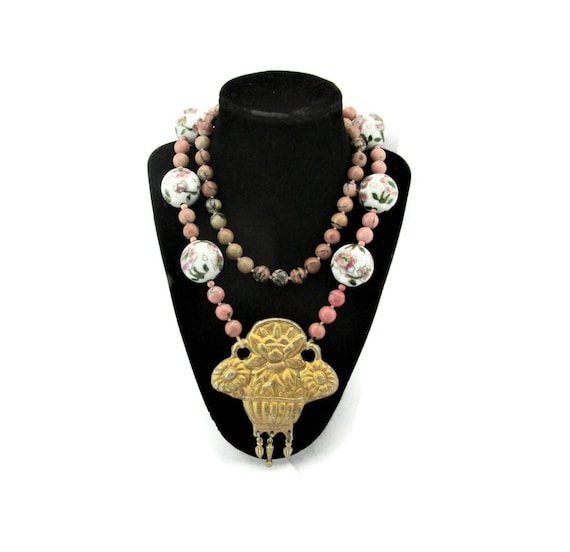 Chinese Export Rhodonite Necklace/Gilt Flower Bas… - image 1