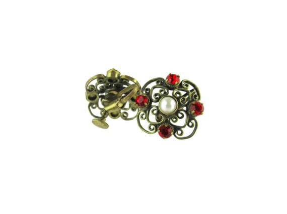 Red Rhinestone Scrollwork Earrings/ Faux Pearls S… - image 3