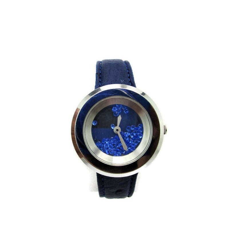 Andre Giroud Watch/floating Blue Crystals/silver Tone Round  display picture 2