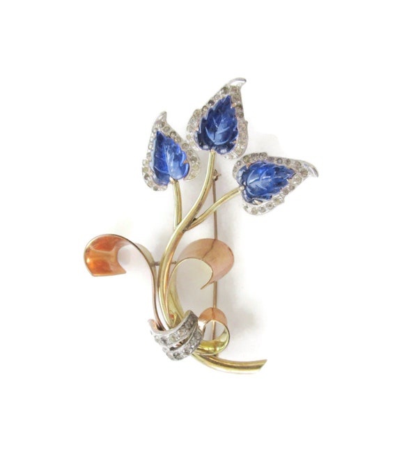 KREISLER Retro Glass Leaves Brooch/Clear Chaton Rhinestones/ Prong set Blue Pressed-Glass/Tri Color Foliage/Art Deco Tutti Frutti Style Pin