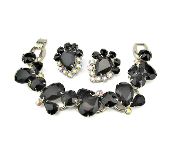JULIANA D&E Bracelet Earrings Demi Parure/Jet Black  Large Teardrop Pears and Round Chatons/AB Rhinestone Accents/5 link Silver Tone Setting