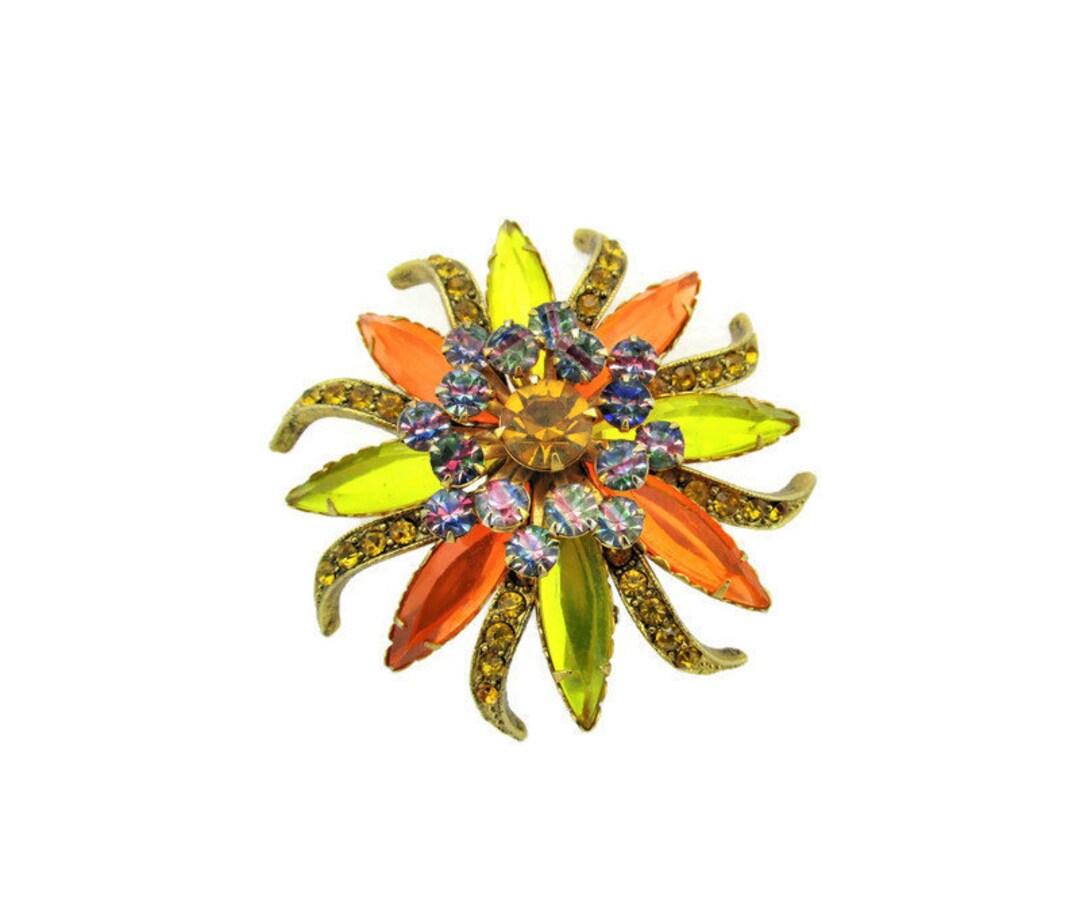 Selini Flower Brooch/orange & Yellow Lucite Navette Stones