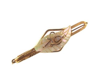 Gold Wire Monogram "L" Tie Bar/ 12k GF Wire Letter Tie Clip /Mother of Pearl Gold Initial Tie Clasp/ Victorian 12 Karat Gold Filled Tie Bar