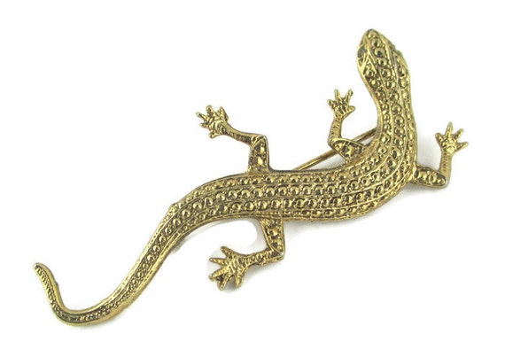 Fabulous Vintage Golden Lizard Rhinestone Eyes Pin - image 1