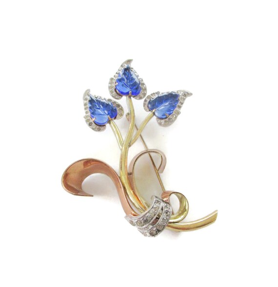 KREISLER Retro Glass Leaves Brooch/Clear Chaton Rhinestones/ Prong set Blue Pressed-Glass/Tri Color Foliage/Art Deco Tutti Frutti Style Pin View 4