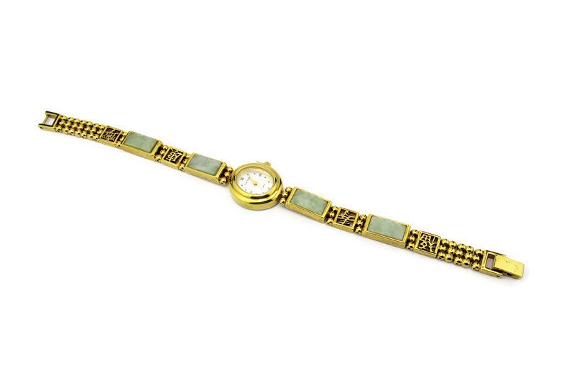 Vintage Gem Time Gold Filled Women’s Bracelet & Watch Set With Jade Stones. Vintage Gold and Jade Watch - Etsy main image 3