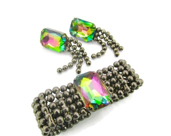 JULIANA D&E Bracelet Earrings Demi Parure/Gunmetal Black Ball Chain/ 25 x 18mm Vitrail Glass Octagons/ Emerald Cut Watermelon Stones