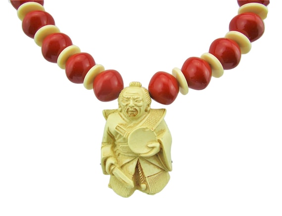 Celluloid Samurai Netsuke Pendant Necklace/Cream … - image 1