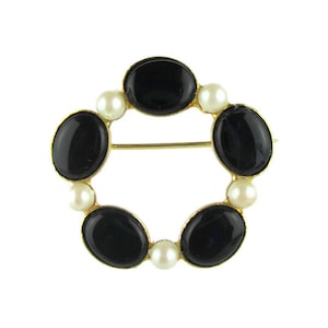 Pin de oro tono imitación Onix cabujón círculo broche perla Vintage
