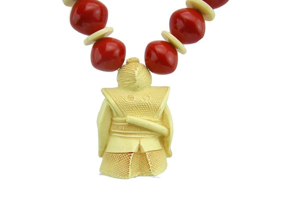 Celluloid Samurai Netsuke Pendant Necklace/Cream … - image 6