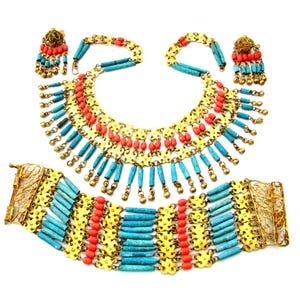 Art Deco Egyptian Revival Set/Faience Beads/Coral Turquoise Mummy Beads/Necklace  Bracelet & Earrings/Glit filigree Domes /Gold Tone Brass