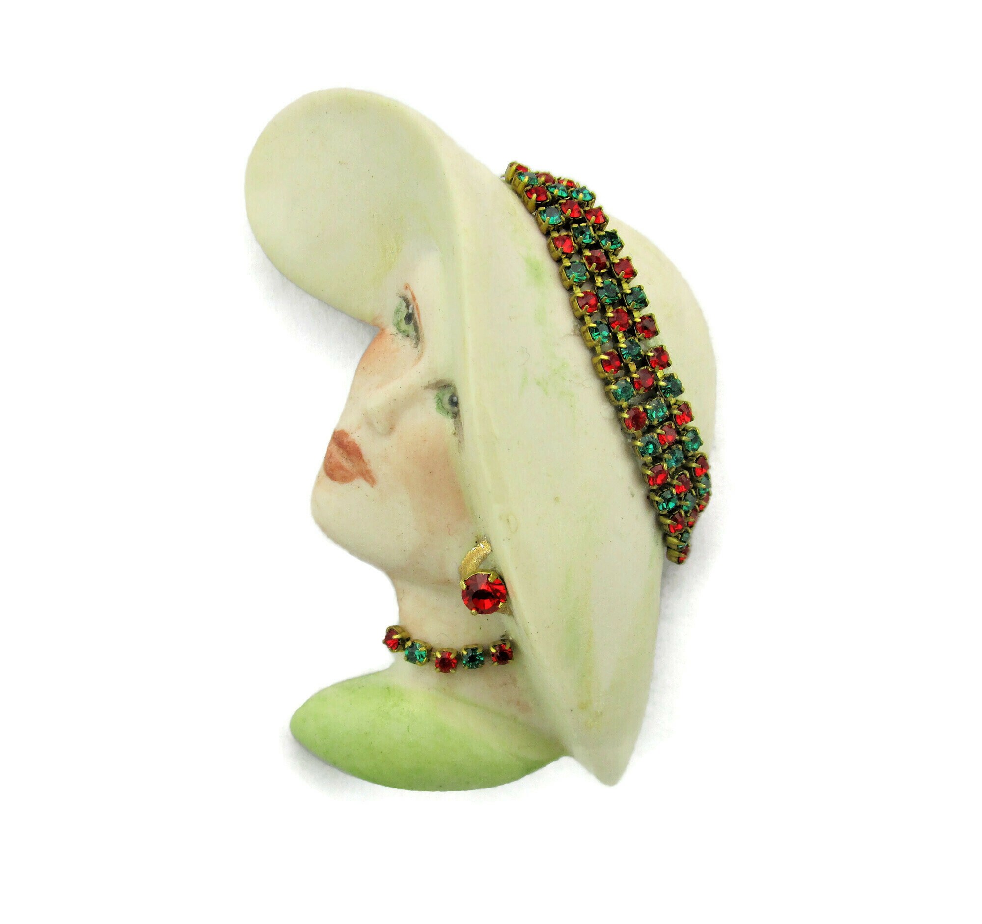 Porcelain Lady Face Brooch/green & Red Rhinestone Wide Brim Etsy