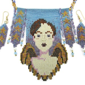 May include: A beaded necklace and earring set featuring a portrait design. The necklace has a light blue background with a portrait of a person. The earrings and necklace have gold, blue, and purple beads. The earrings have a rectangular shape with a star design.