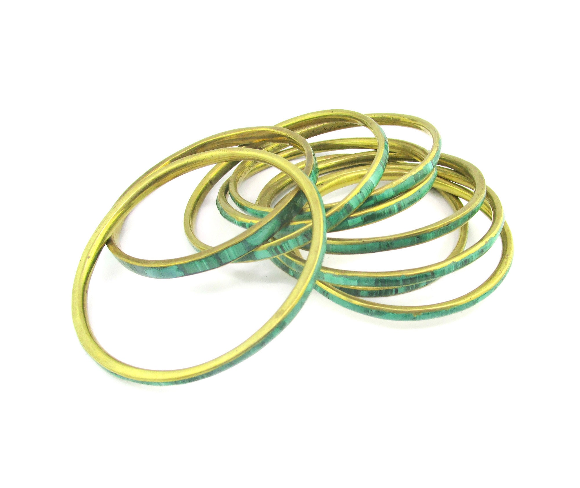 9 Malachite Bangles/ Natural banded Green Stone Inlay Brass/Boho Hippie Cuff Bracelets