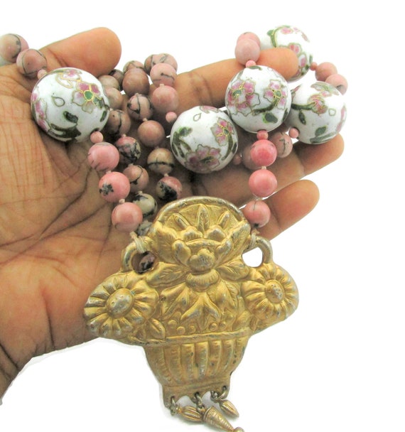 Chinese Export Rhodonite Necklace/Gilt Flower Bas… - image 5