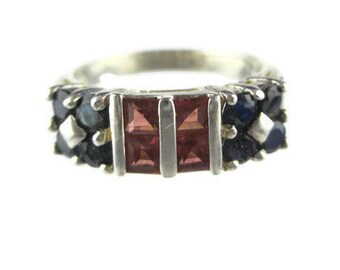 Vintage Orange Tourmaline and Blue Sapphire Sterling Silver 925  Ring Size 7