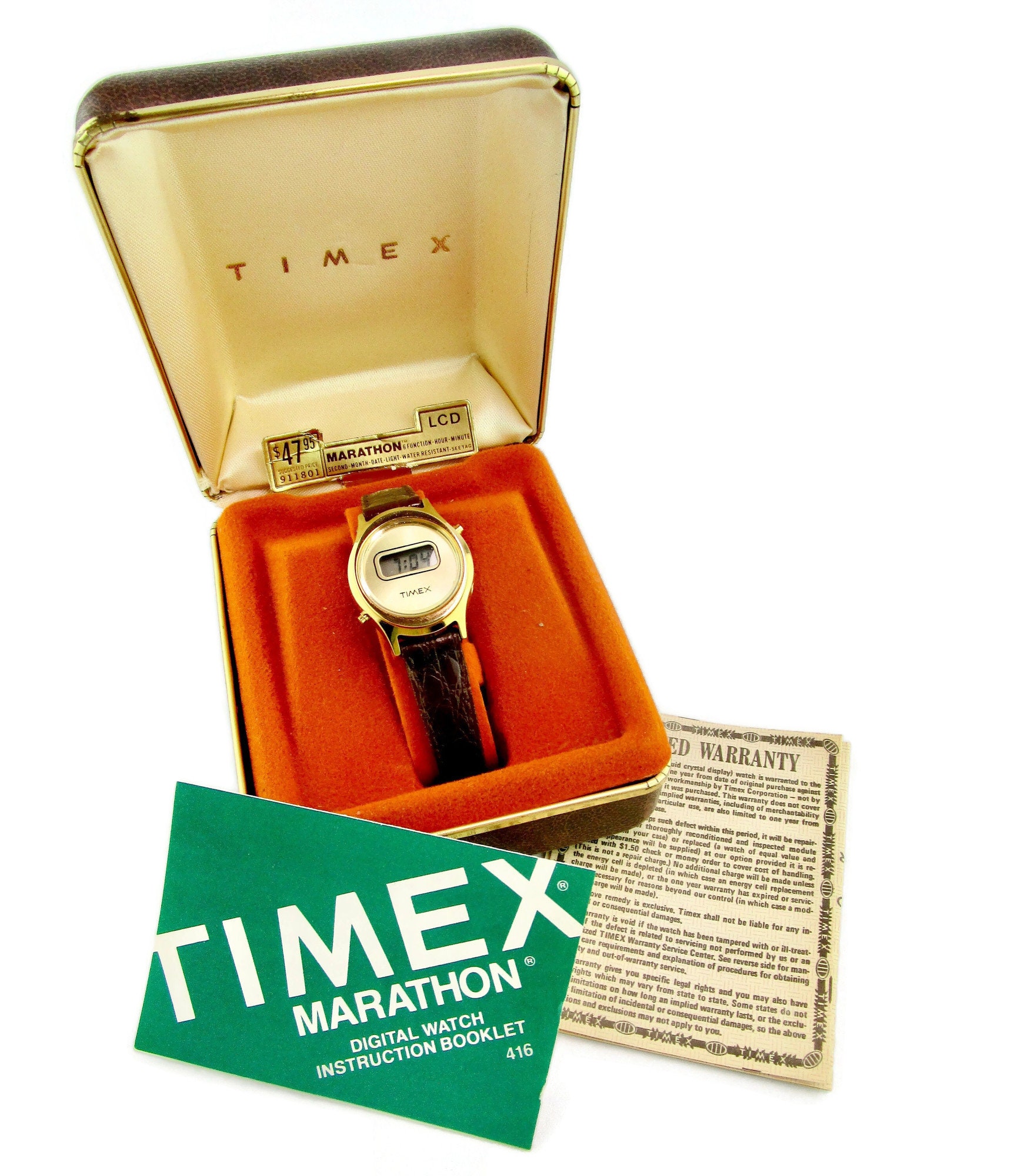 1978 Timex Marathon LCD Watch/water Resistant/6 Function Time Date Light/round  Goldtone Bezel/digital Display/brown Leather Band/new Battery 