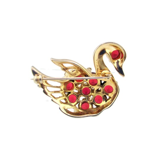 REJA Swan Brooch/Gold Tone Bird Pin/Large Red  & … - image 3