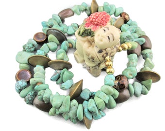 Japanese NETSUKE Necklace /happy Flower Boy /polychrome