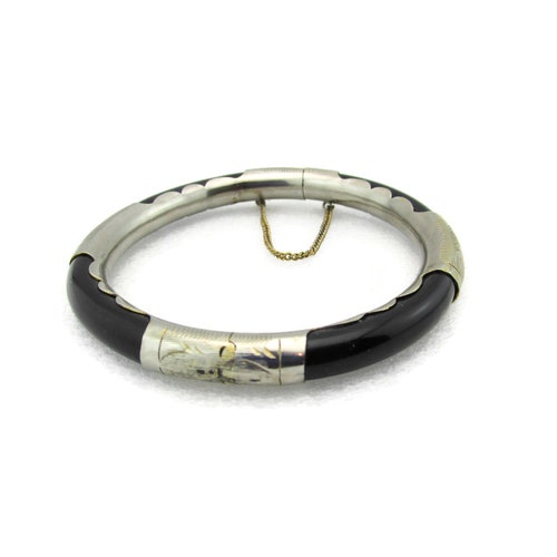 Gilt Silver Mandarin Hinged Bracelet / shops Chinese Export Silver Bangle/Tube Onyx 950 Silver/ Safety Chain/ Jade Dynasty Collection