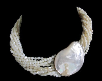 CELIA SEBIRI Mother of Pearl Necklace/  Potato Pearls 12 Strand Torsade / Kidney Shaped MOP Brass Clasp/ Hand signed
