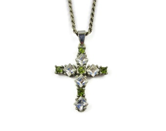 Cross Pendant Necklace/18"  Rope Chain / Clear Square Crystal Stones/Round Peridot Accents/Sterling Silver 8.9 grams