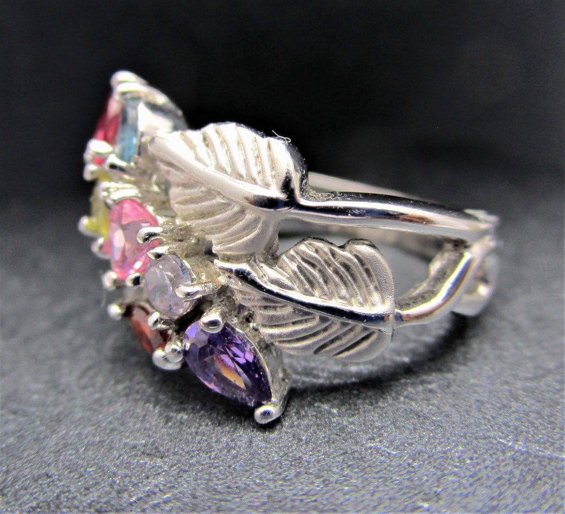 EDCO Multi Gemstone Ring/amethyst Ruby Topaz Quartz Stones/floral ...