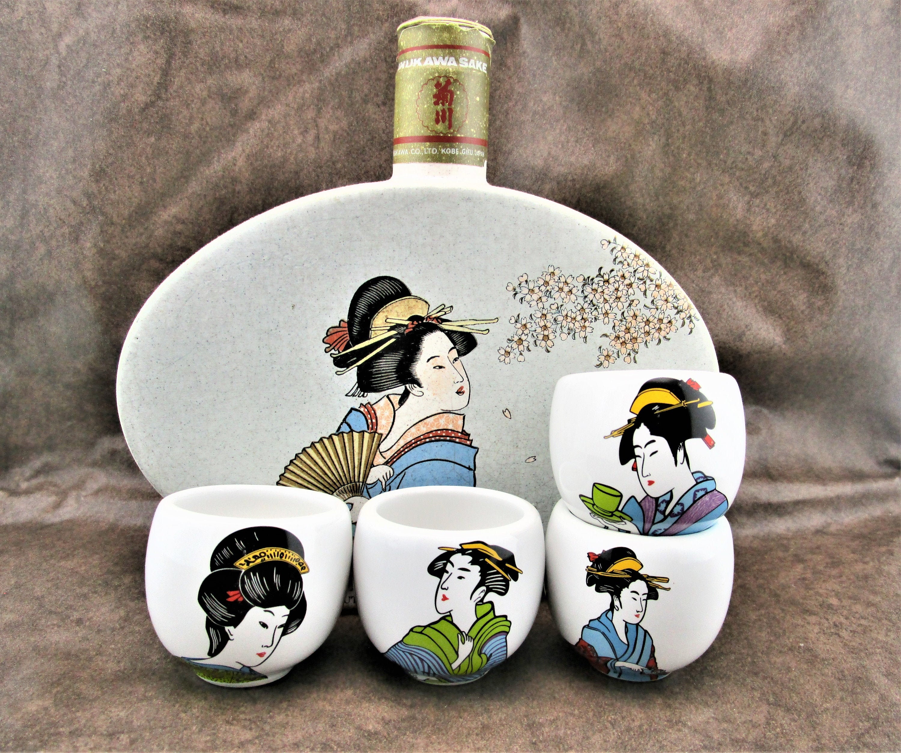 Geisha Sake Set/japanese Wide Kikukawa Flask/ukiyo-e Beauties by