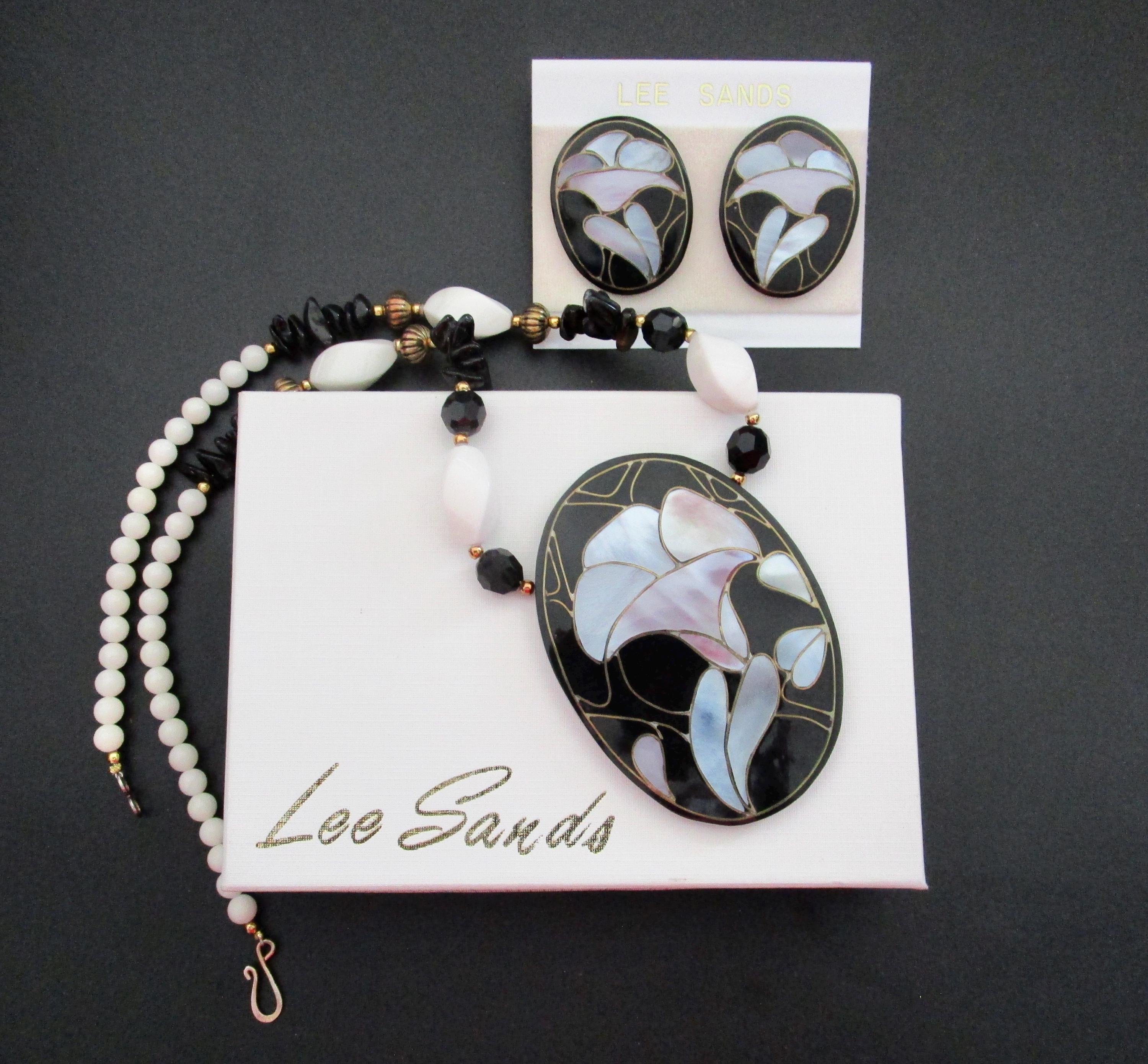 Lee Sands Oval Deco Lily Necklace & Earrings/Laminated Shell Inlay, Pastel Abalone and Onyx Chips/Milk Glass beads/Pierced Ears/Original Box