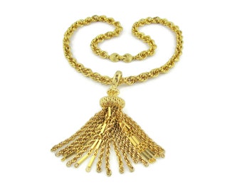 MONET© Damita Necklace/Gold Tone Tassel Pendant /24 " Fat Rope Chain -Unworn