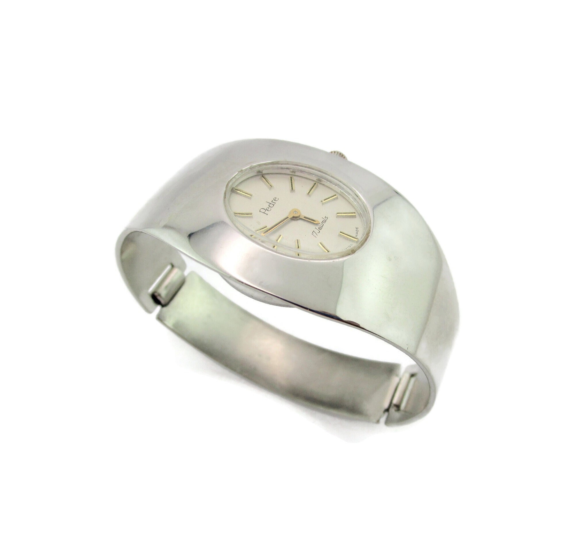 Montre Bracelet Mécanique Pedre - Mouvement Suisse 17 Rubis - Cadran Blanc, Boîtier Acier Argenté - Occasion Très Bon état