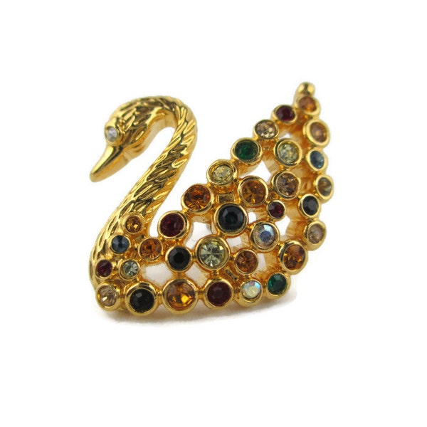 Swarovski Swan Lapel  Pin/ Multicolor Rainbow Crystals/Centennial Anniversary Tie Tack/Avian Lovers Jewelry/Gold Tone Graceful Bird