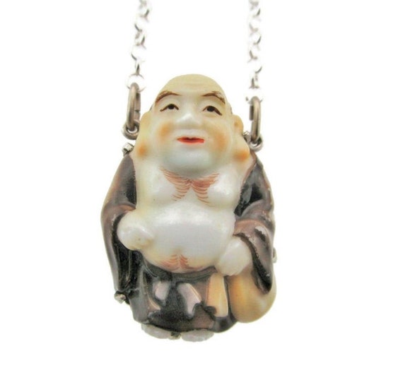 Toshikane HOTEI Pendant Necklace/Seven Fortune gods/Buddha Fat Happy god of Abundance & Good Health/Hand Painted Arita Porcelain/950 Silver
