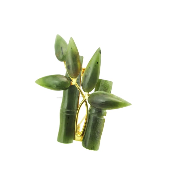 本物の翡翠竹製ブローチ/台湾製手彫りネフライト/ダブルグリーンロッド