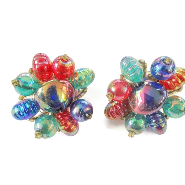 Iridescent Glass Beads Earrings/Carnival Glass Rainbow Clusters/Silver Tone Clip ons