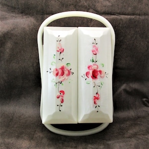 Art Deco Pearlized Lucite Box Purse / Flores rosas calientes pintadas a mano snd Green Foliage / Bolsa de noche de doble asa moldeada / Moda novedosa