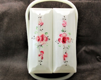 Art Deco Pearlized Lucite Box Purse/Hand Painted Hot Pink Flowers snd Green Foliage/Molded Plastic Double Handle Evening Bag/Novelty Fashion