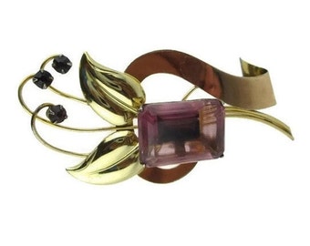 Retro 1940s Harry Iskin 10k Rose Gold Yellow Gold Filled Flower Motif  Pin with Large Emerald Cut Amethyst  Glass Stone