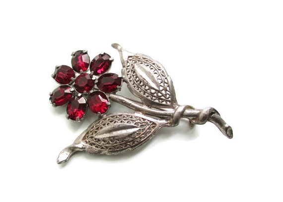 Large Vintage 1930s Pot Metal Red Rhinestone Flowe