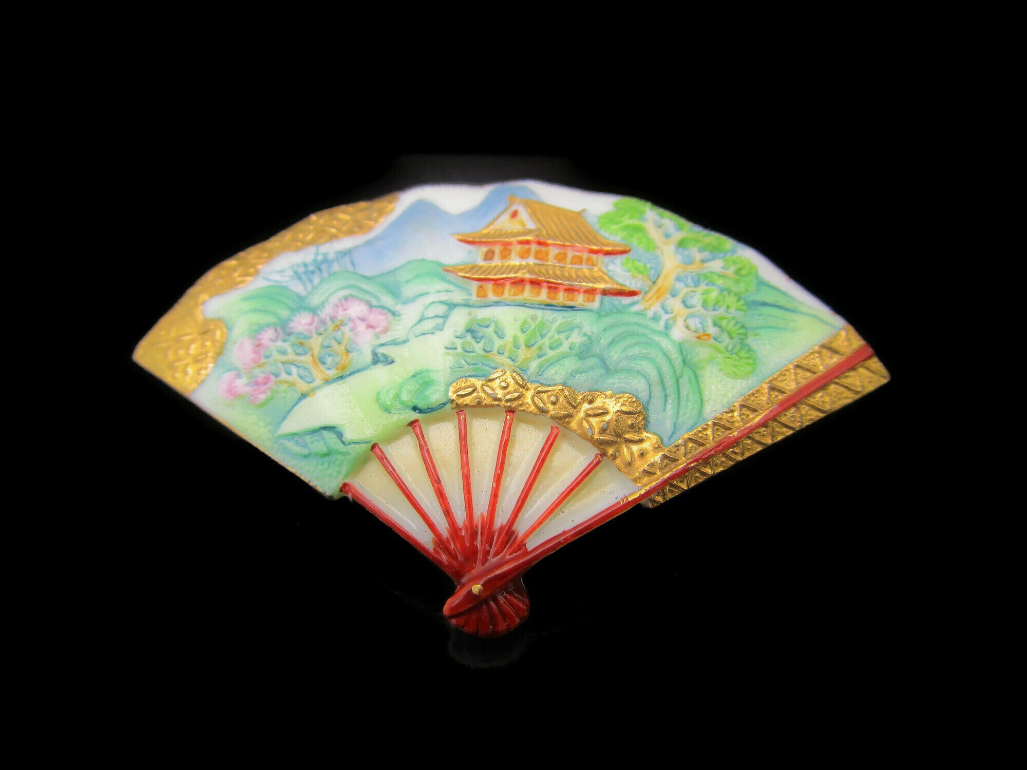 アクセサリー tamagooo Large Toshikane Japan Fan Brooch/summer Pagoda Garden/red