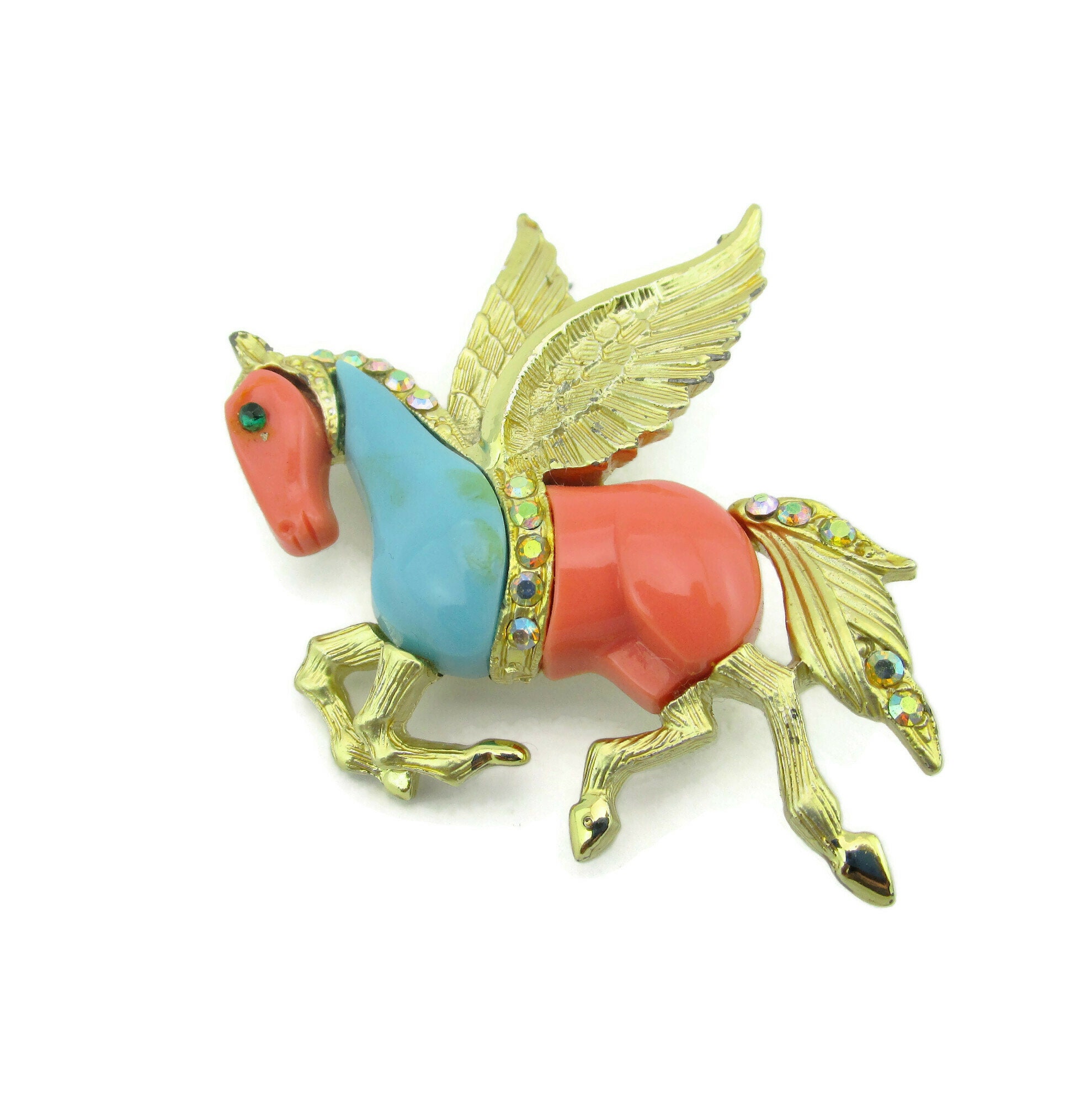 Nicht signierte Hattie Carnegie Pegasus Brosche/Mythisches geflügeltes  göttliches Pferd/Türkis Koralle Lucite Pin/Aurora Borealis Strasssteine -  Etsy Österreich