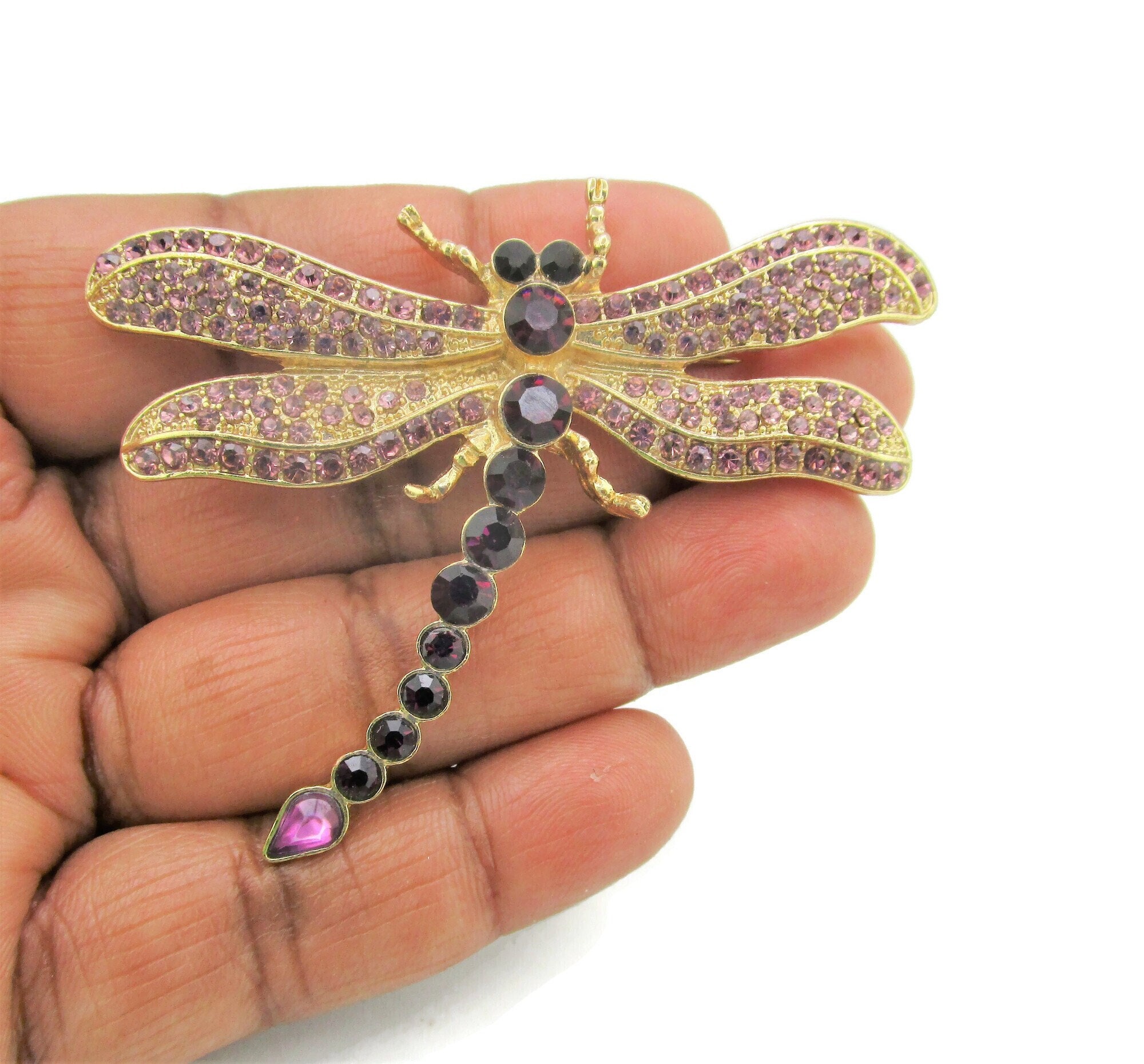 DragonFly Brooch/Amethyst Glass Rhinestone &  Lilac Crystals Pin/ Gold Tone Bug /Odonata infraorder Anisoptera /Winged Insect Jewelry