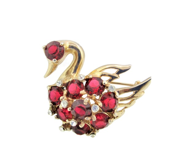 REJA Swan Brooch/Gold Tone Bird Pin/Large Red  & … - image 6