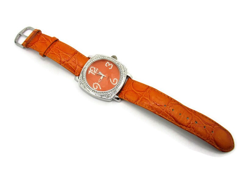 Rare Vintage Leather & Crystal Wristwatch | Suzanne Somers | Orange & White Suzanne Somers Orange Leather Watch, Silver Crystal Bezel - Etsy main image 4