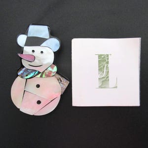 Lee Sands Snowman Brooch /Laminated Shell Inlay/Pastel Abalone and Mother of Pearl