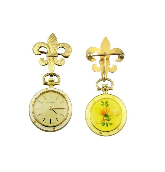 Bucherer Fleur-de-lis Lapel Pocket Watch/10k GF Pin/yellow & Cream Bucherer Fleur-de-lis Lapel Pocket Watch/10k GF Pin/yellow & Cream