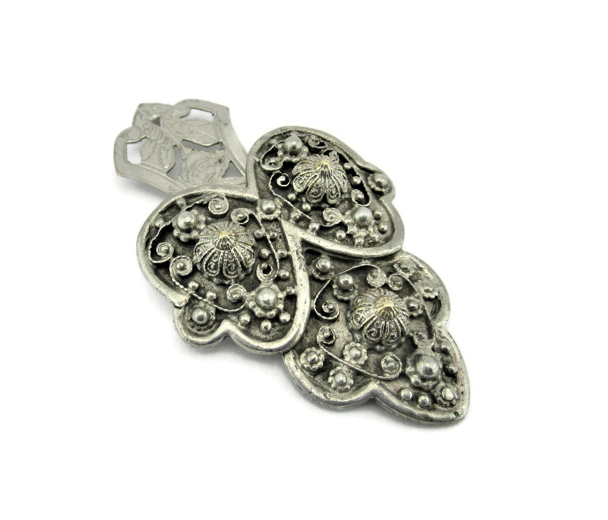 Etrusceana Dress Clip/1941 Rice Weiner Etruscan Revival Line/ Faux Cannetille Domes/Rhodium Plated with Faux Oxidized Silver Tone Highlights