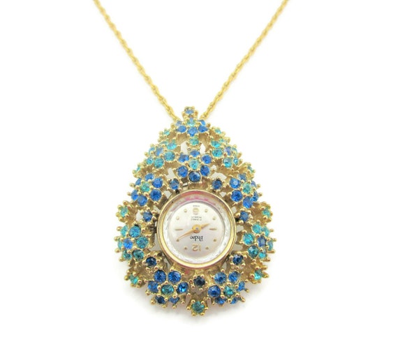 Pedre 17 Jewels Incabloc Necklace Watch/Teardrop Shaped Pendant/Blue & Green Swarovski Crystal Chaton Flowers/UNWORN/12k Gold Filled  Chain